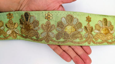 Green Art Silk Trim In Gold Floral Embroidery, Gold Embroidered Flowers Border, Floral Trim